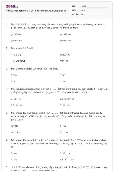 38 câu Trắc nghiệm Vật Lí 11: Hiện tượng cảm ứng điện từ