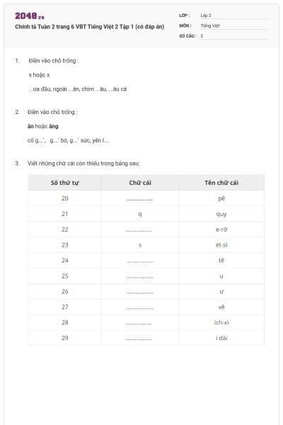 Chính tả Tuần 2 trang 6 VBT Tiếng Việt 2 Tập 1 (có đáp án)