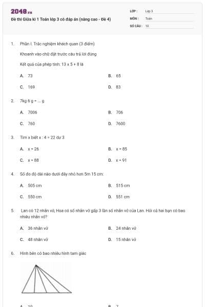 Đề thi Giữa kì 1 Toán lớp 3 có đáp án (nâng cao - Đề 4)