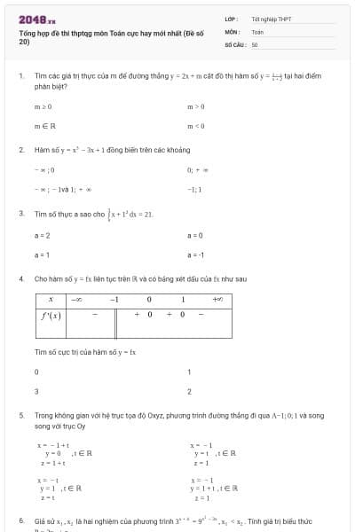 Tổng hợp đề thi thptqg môn Toán cực hay mới nhất (Đề số 20)