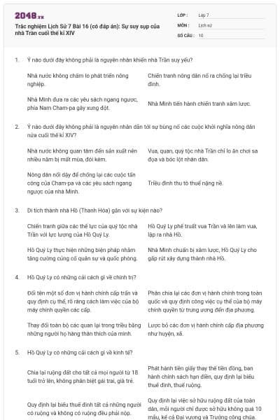 Trắc nghiệm Lịch Sử 7 Bài 16 (có đáp án): Sự suy sụp của nhà Trần cuối thế kỉ XIV