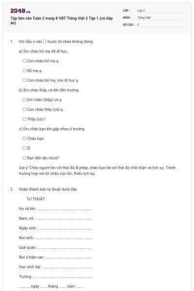 Tập làm văn Tuần 2 trang 8 VBT Tiếng Việt 2 Tập 1 (có đáp án)
