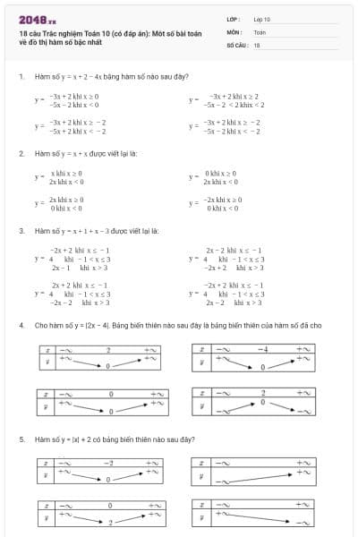 18 câu  Trắc nghiệm Toán 10 (có đáp án): Môt số bài toán về đồ thị hàm số bậc nhất