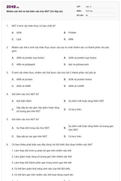 Nhiễm sắc thể và đột biến cấu trúc NST (Có đáp án)