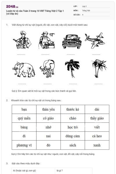 Luyện từ và câu Tuần 3 trang 10 VBT Tiếng Việt 2 Tập 1 (có đáp án)