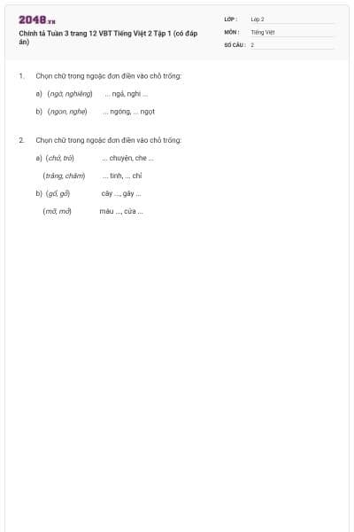 Chính tả Tuần 3 trang 12 VBT Tiếng Việt 2 Tập 1 (có đáp án)