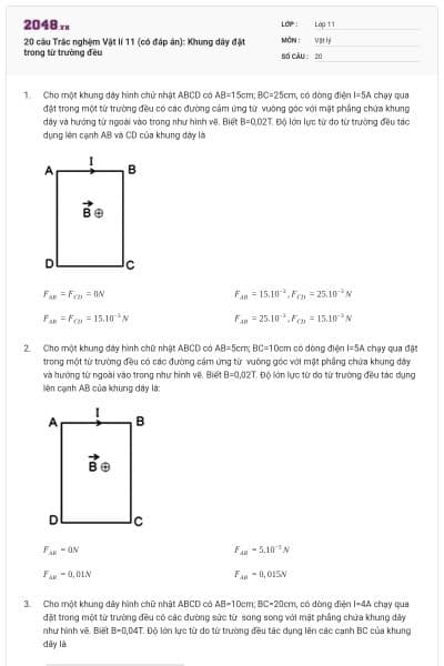 20 câu  Trắc nghệm Vật lí 11 (có đáp án): Khung dây đặt trong từ trường đều