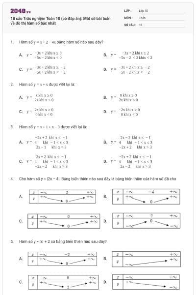 18 câu  Trắc nghiệm Toán 10 (có đáp án): Môt số bài toán về đồ thị hàm số bậc nhất