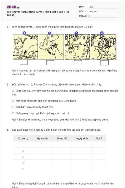 Tập làm văn Tuần 3 trang 12 VBT Tiếng Việt 2 Tập 1 (có đáp án)