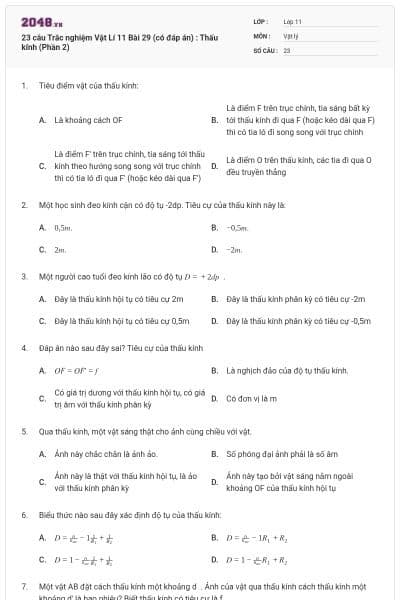 23 câu Trắc nghiệm Vật Lí 11 Bài 29 (có đáp án) : Thấu kính (Phần 2)