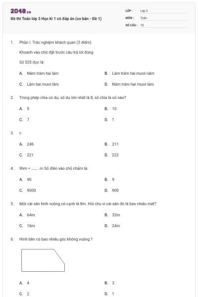 Đề thi Toán lớp 3 Học kì 1 có đáp án (cơ bản - Đề 1)