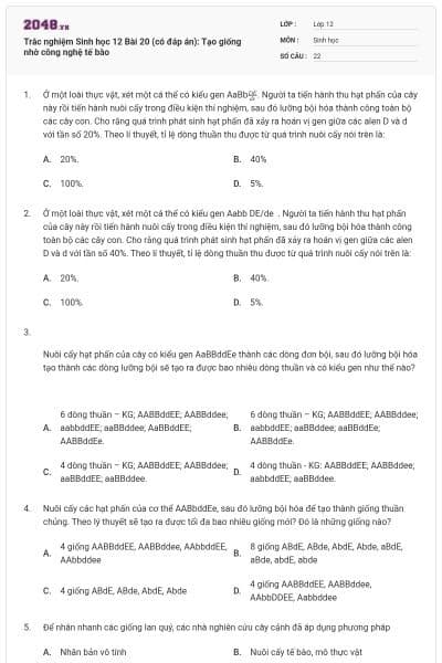 Trắc nghiệm Sinh học 12 Bài 20 (có đáp án): Tạo giống nhờ công nghệ tế bào