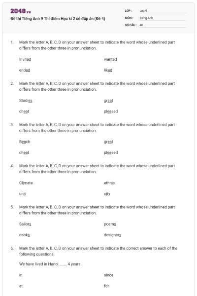 Đề thi Tiếng Anh 9 Thí điểm Học kì 2 có đáp án (Đề 4)
