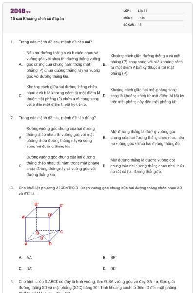 15 câu Khoảng cách có đáp án