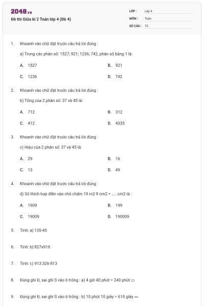 Đề thi Giữa kì 2 Toán lớp 4 (Đề 4)
