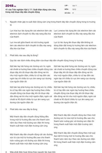 41 câu  Trắc nghiệm Vật Lí 11: Suất điện động cảm ứng trong một đoạn dây dẫn chuyển động