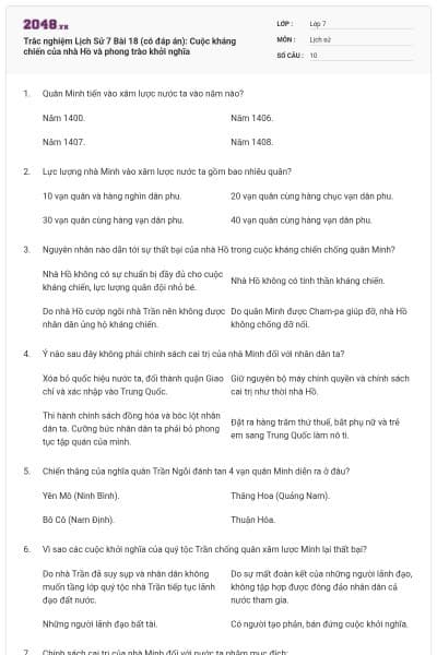 Trắc nghiệm Lịch Sử 7 Bài 18 (có đáp án): Cuộc kháng chiến của nhà Hồ và phong trào khởi nghĩa