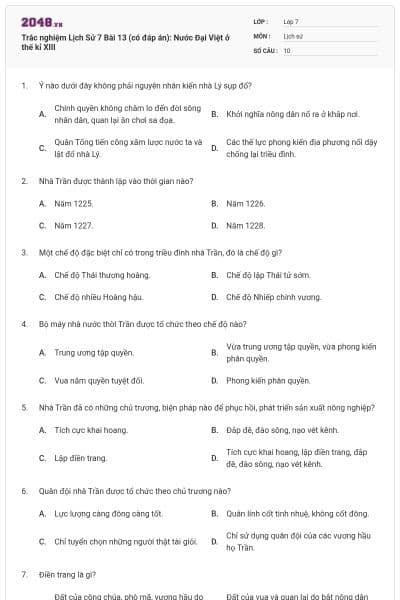Trắc nghiệm Lịch Sử 7 Bài 13 (có đáp án): Nước Đại Việt ở thế kỉ XIII