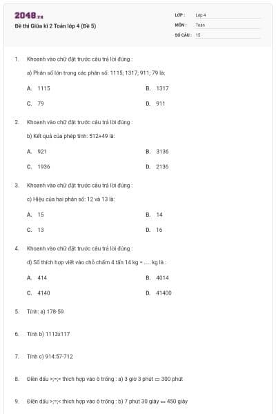 Đề thi Giữa kì 2 Toán lớp 4 (Đề 5)