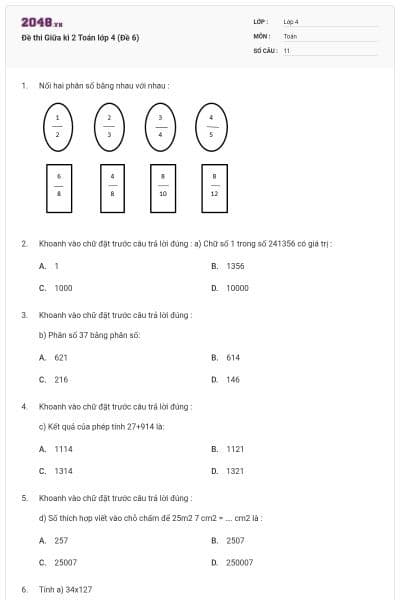 Đề thi Giữa kì 2 Toán lớp 4 (Đề 6)