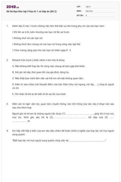 Đề thi Đạo Đức lớp 5 Học kì 1 có đáp án (Đề 2)