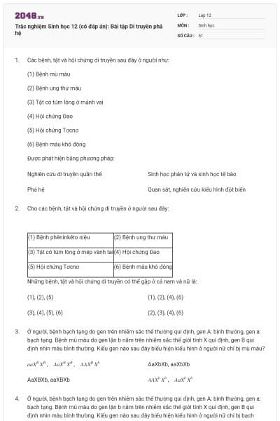 Trắc nghiệm Sinh học 12 (có đáp án): Bài tập Di truyền phả hệ