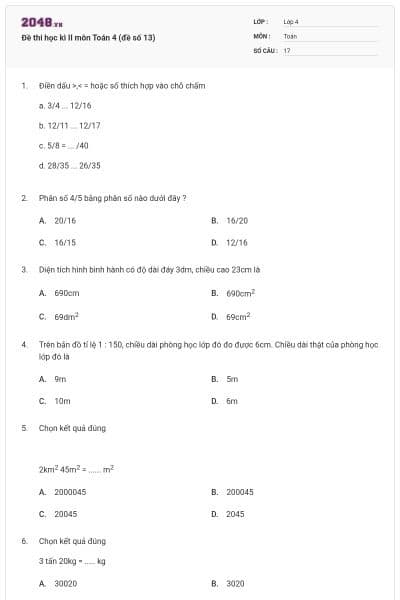 Đề thi học kì II môn Toán 4 (đề số 13)