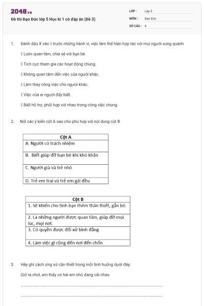 Đề thi Đạo Đức lớp 5 Học kì 1 có đáp án (Đề 3)