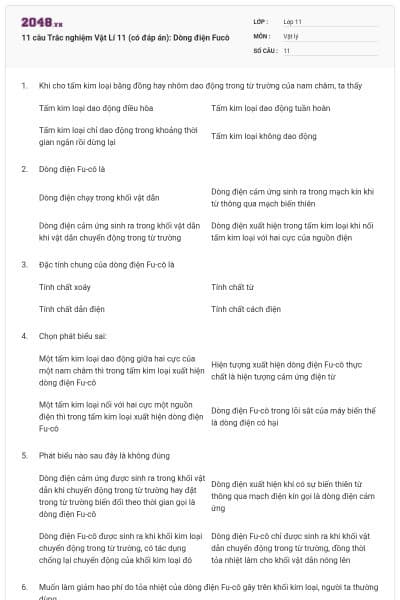 11 câu Trắc nghiệm Vật Lí 11 (có đáp án): Dòng điện Fucô