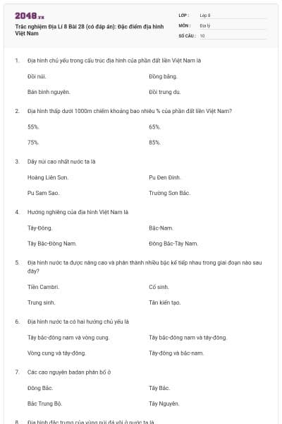 Trắc nghiệm Địa Lí 8 Bài 28 (có đáp án): Đặc điểm địa hình Việt Nam