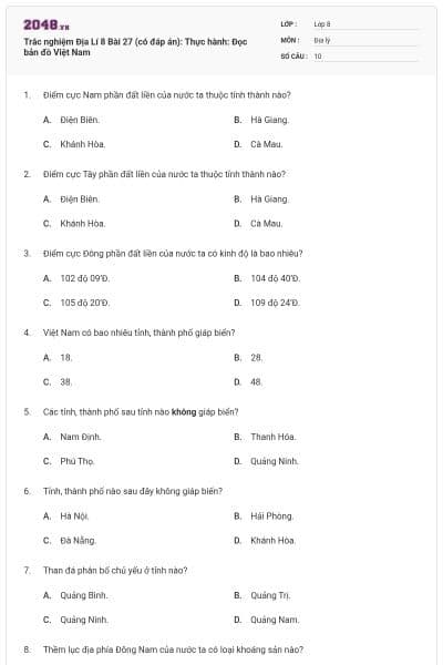 Trắc nghiệm Địa Lí 8 Bài 27 (có đáp án): Thực hành: Đọc bản đồ Việt Nam