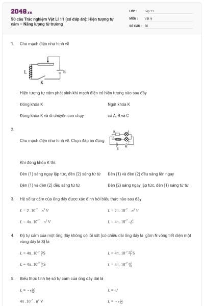 50 câu Trắc nghiệm Vật Lí 11 (có đáp án): Hiện tượng tự cảm – Năng lượng từ trường