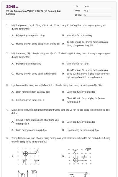 26 câu Trắc nghệm Vật lí 11 Bài 22 (có đáp án): Lực Lorenxơ
