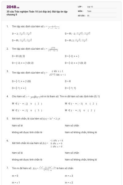 35 câu  Trắc nghiệm Toán 10 (có đáp án): Bài tập ôn tập chương II