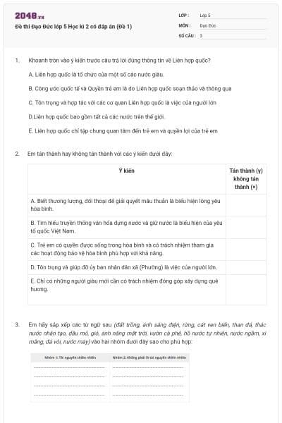 Đề thi Đạo Đức lớp 5 Học kì 2 có đáp án (Đề 1)