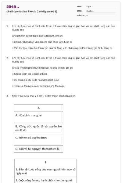 Đề thi Đạo Đức lớp 5 Học kì 2 có đáp án (Đề 3)
