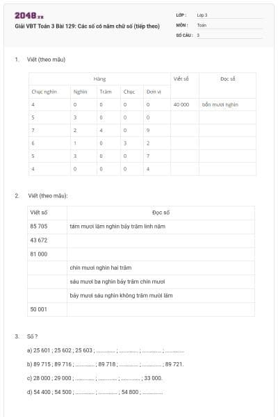 Giải VBT Toán 3 Bài 129: Các số có năm chữ số (tiếp theo)