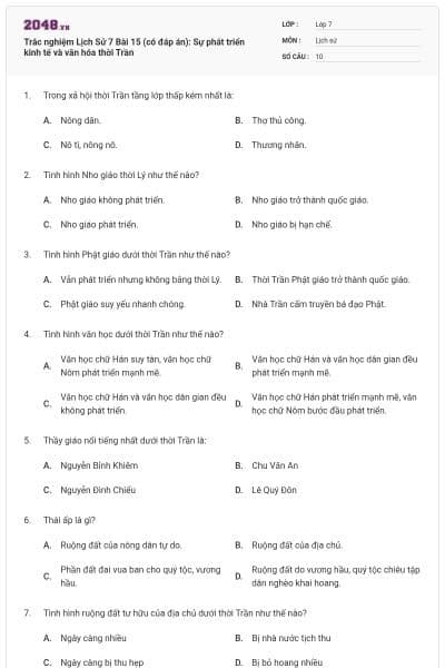 Trắc nghiệm Lịch Sử 7 Bài 15 (có đáp án): Sự phát triển kinh tế và văn hóa thời Trần