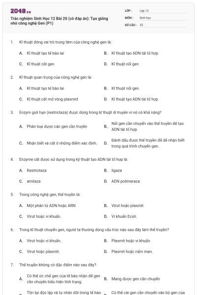 Trắc nghiệm Sinh Học 12 Bài 20 (có đáp án): Tạo giống nhờ công nghệ Gen (P1)