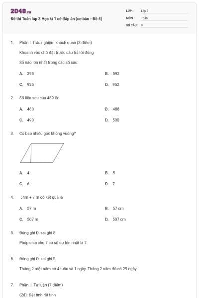 Đề thi Toán lớp 3 Học kì 1 có đáp án (cơ bản - Đề 4)