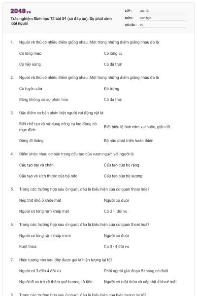 Trắc nghiệm Sinh học 12 bài 34 (có đáp án): Sự phát sinh loài người