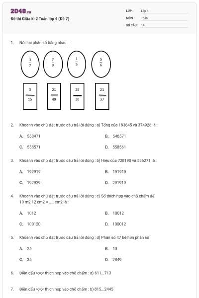 Đề thi Giữa kì 2 Toán lớp 4 (Đề 7)