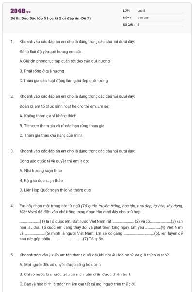 Đề thi Đạo Đức lớp 5 Học kì 2 có đáp án (Đề 7)