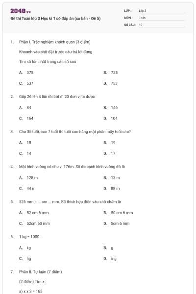Đề thi Toán lớp 3 Học kì 1 có đáp án (cơ bản - Đề 5)
