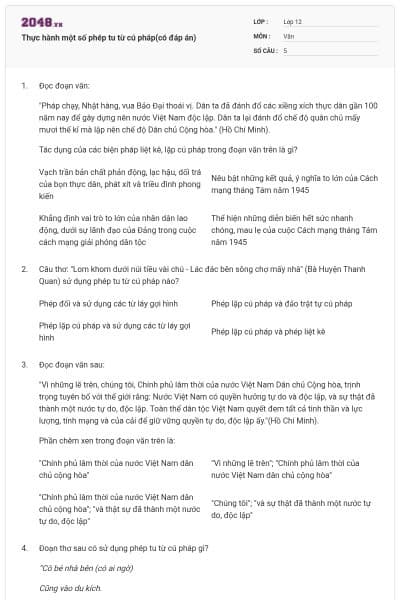 Thực hành một số phép tu từ cú pháp(có đáp án)