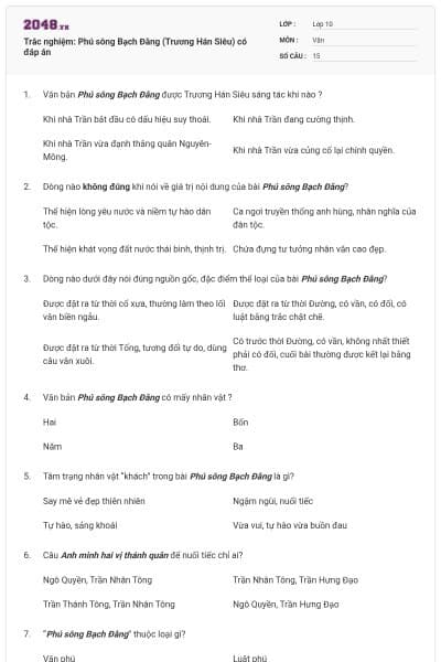 Trắc nghiệm: Phú sông Bạch Đằng (Trương Hán Siêu) có đáp án