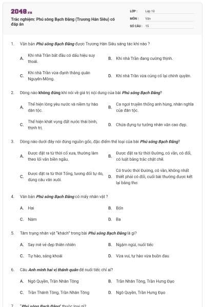 Trắc nghiệm: Phú sông Bạch Đằng (Trương Hán Siêu) có đáp án