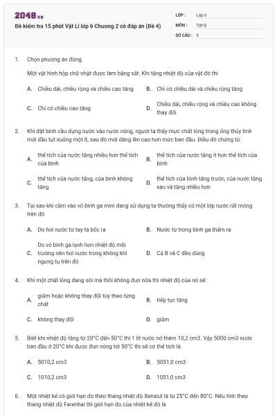 Đề kiểm tra 15 phút Vật Lí lớp 6 Chương 2 có đáp án (Đề 4)