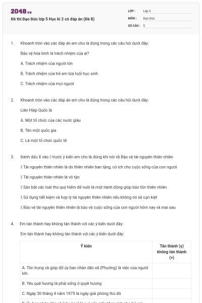 Đề thi Đạo Đức lớp 5 Học kì 2 có đáp án (Đề 8)