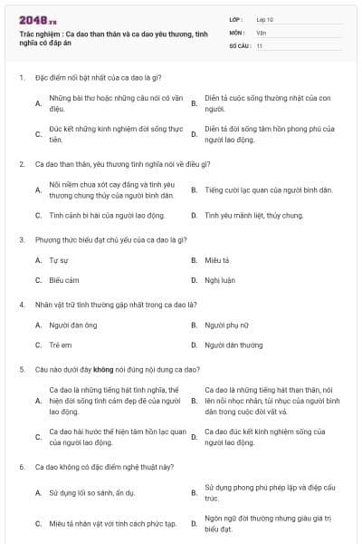 Trắc nghiệm : Ca dao than thân và ca dao yêu thương, tình nghĩa có đáp án